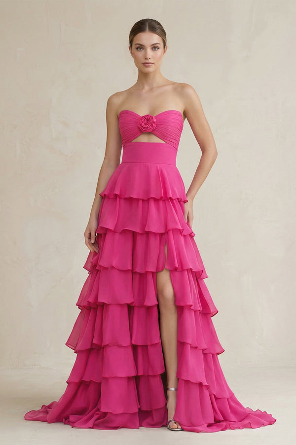 Sweetheart Keyhole A - Line Ruffled Long Prom Dress in Fuchsia - SHE IS ME Prom Dresses