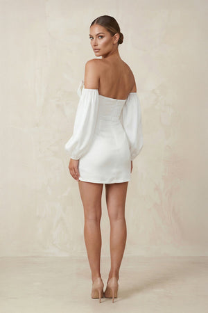 Sweetheart Keyhole Satin Sheath Mini Wedding Dress With Sleeves in White - SHE IS ME Wedding Dresses