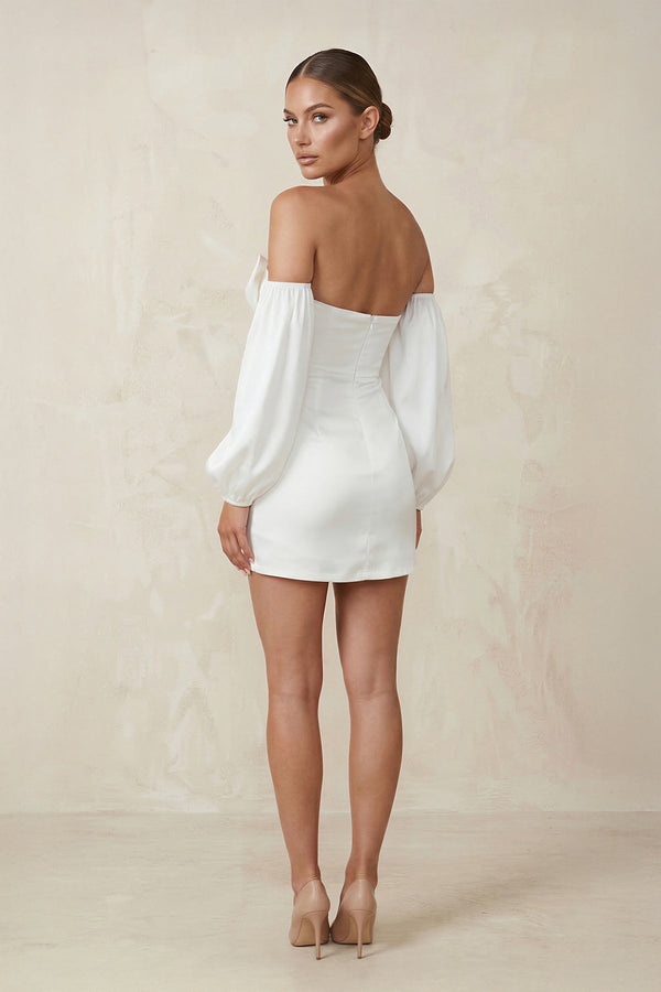 Sweetheart Keyhole Satin Sheath Mini Wedding Dress With Sleeves in White - SHE IS ME Wedding Dresses