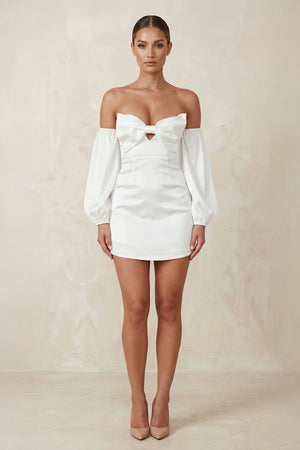 Sweetheart Keyhole Satin Sheath Mini Wedding Dress With Sleeves in White - SHE IS ME Wedding Dresses