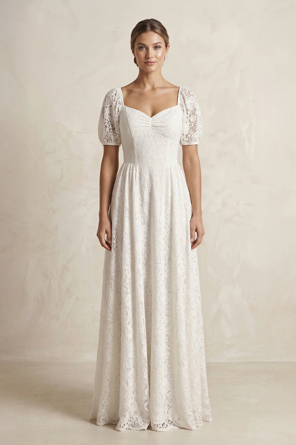 Sweetheart Lace A - Line Short Sleeve Wedding Dress in Ivory - SHE IS ME Wedding Dresses