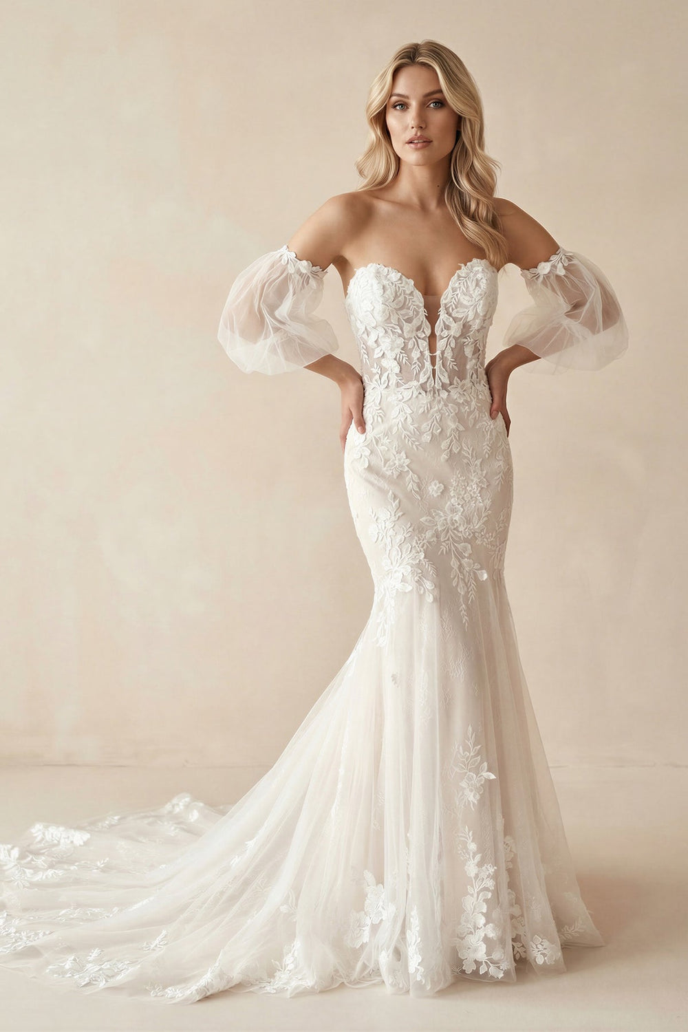 Sweetheart Mermaid Appliqued Tulle Wedding Dress in Ivory - SHE IS ME Wedding Dresses