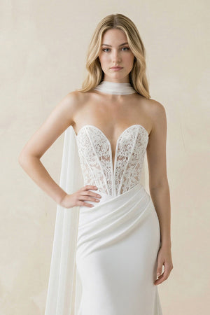 Sweetheart Mermaid Corset Lace Satin Wedding Dress With Scarf in White - SHE IS ME Wedding Dresses