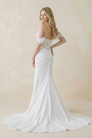 Sweetheart Mermaid Corset Lace Satin Wedding Dress With Scarf in White - SHE IS ME Wedding Dresses