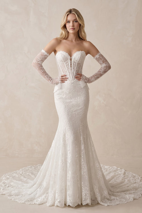 Sweetheart Mermaid Lace Corset Wedding Dress With Detachable Sleeves in White - SHE IS ME Wedding Dresses