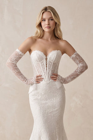 Sweetheart Mermaid Lace Corset Wedding Dress With Detachable Sleeves in White - SHE IS ME Wedding Dresses