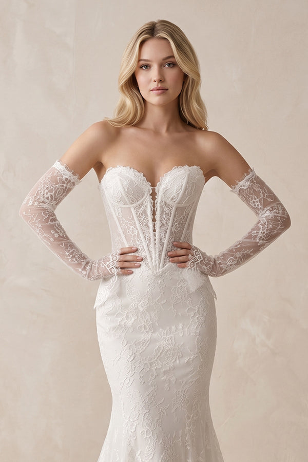Sweetheart Mermaid Lace Corset Wedding Dress With Detachable Sleeves in White - SHE IS ME Wedding Dresses