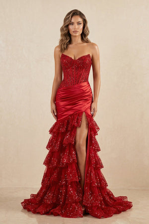 Sweetheart Mermaid Lace Ruffled Corset Long Prom Dress in Red - SHE IS ME Prom Dresses