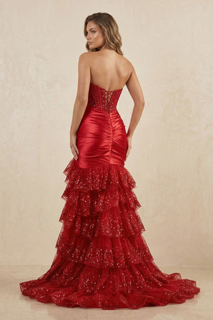 Sweetheart Mermaid Lace Ruffled Corset Long Prom Dress in Red - SHE IS ME Prom Dresses
