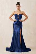 Sweetheart Mermaid Satin Beaded Long Prom Dress in Navy - SHE IS ME Prom Dresses