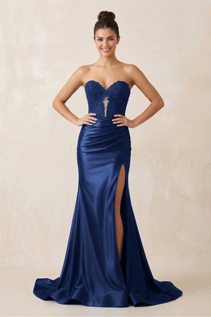 Sweetheart Mermaid Satin Beaded Long Prom Dress in Navy - SHE IS ME Prom Dresses