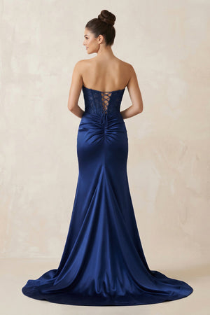 Sweetheart Mermaid Satin Beaded Long Prom Dress in Navy - SHE IS ME Prom Dresses