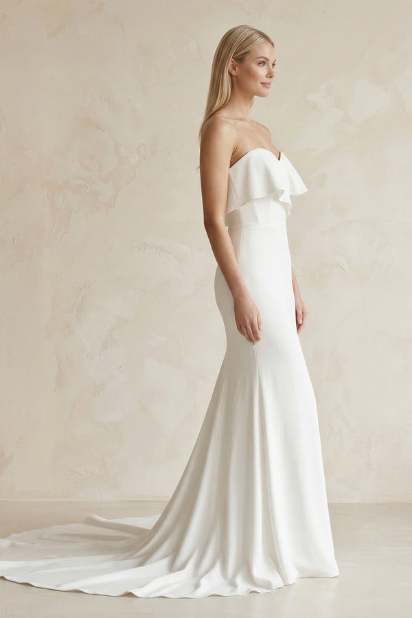 Sweetheart Mermaid Satin Ruffled Wedding Dress in White - SHE IS ME Wedding Dresses