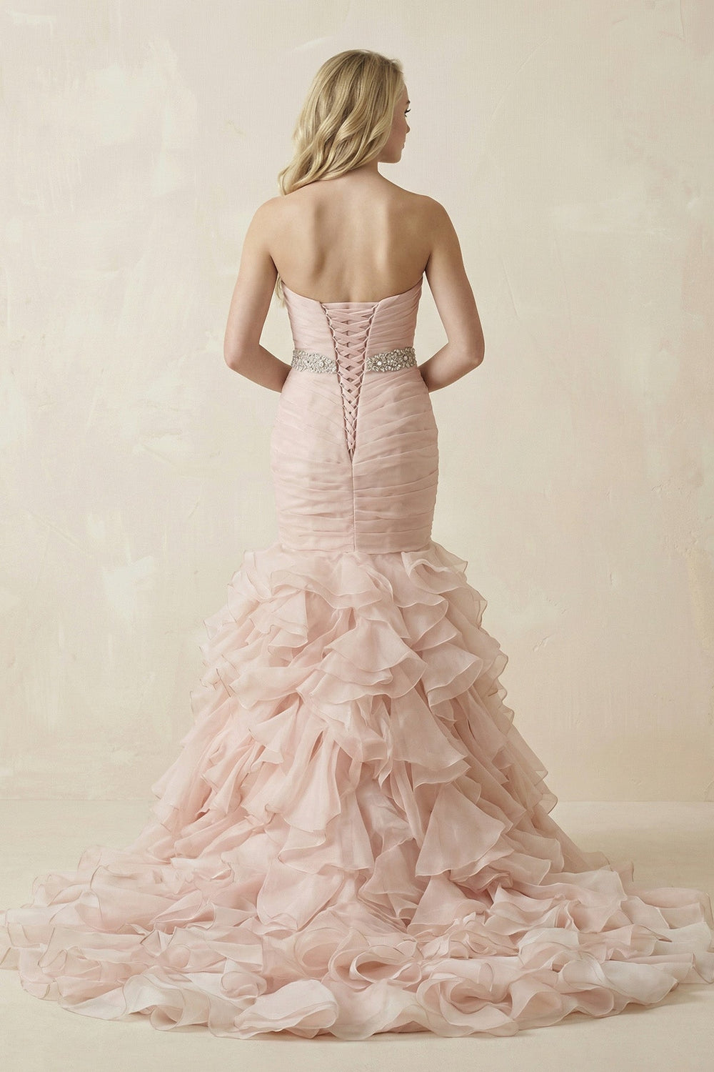 Sweetheart Mermaid Tulle Ruffled Wedding Dress With Waist Embellishment in Pink - SHE IS ME Wedding Dresses