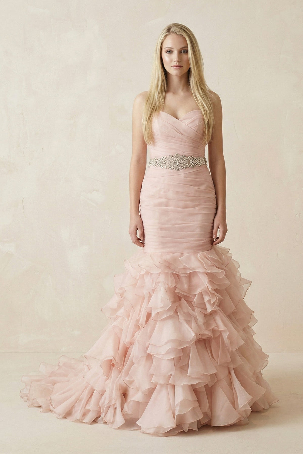 Sweetheart Mermaid Tulle Ruffled Wedding Dress With Waist Embellishment in Pink - SHE IS ME Wedding Dresses