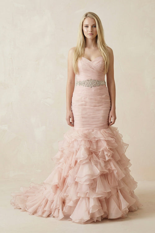 Sweetheart Mermaid Tulle Ruffled Wedding Dress With Waist Embellishment in Pink - SHE IS ME Wedding Dresses