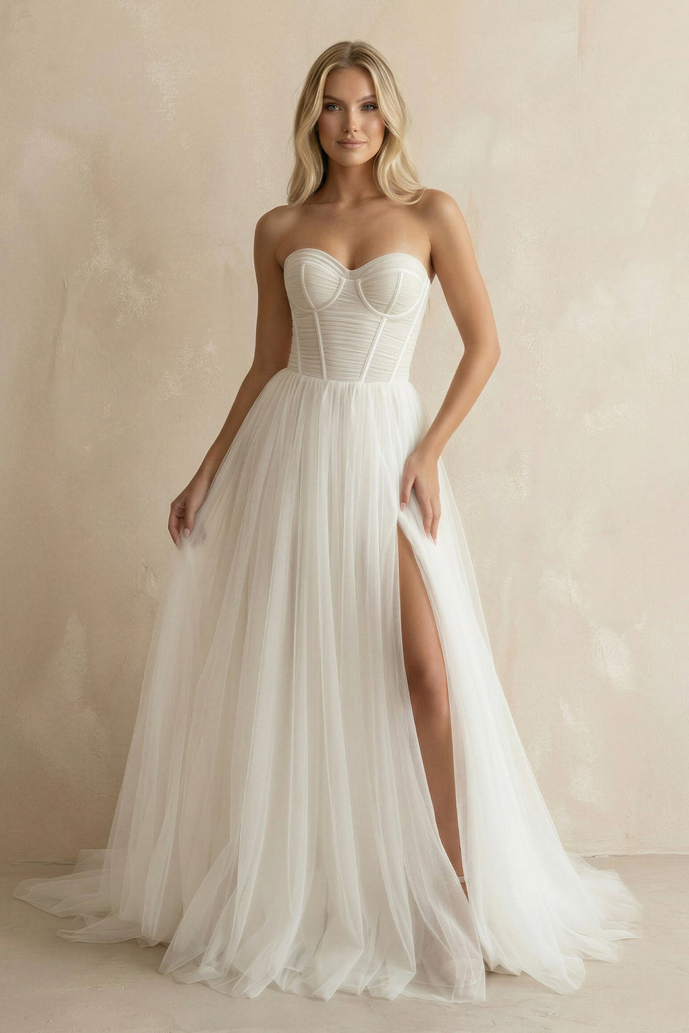 Sweetheart Pleated A - Line Tulle Corset Wedding Dress in White - SHE IS ME Wedding Dresses