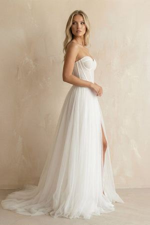 Sweetheart Pleated A - Line Tulle Corset Wedding Dress in White - SHE IS ME Wedding Dresses