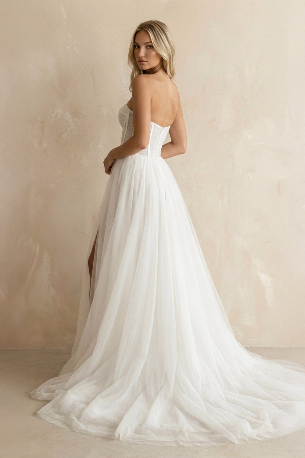 Sweetheart Pleated A - Line Tulle Corset Wedding Dress in White - SHE IS ME Wedding Dresses