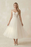 Sweetheart Polka Dot Tulle A - Line Corset Midi Wedding Dress in Ivory - SHE IS ME Wedding Dresses