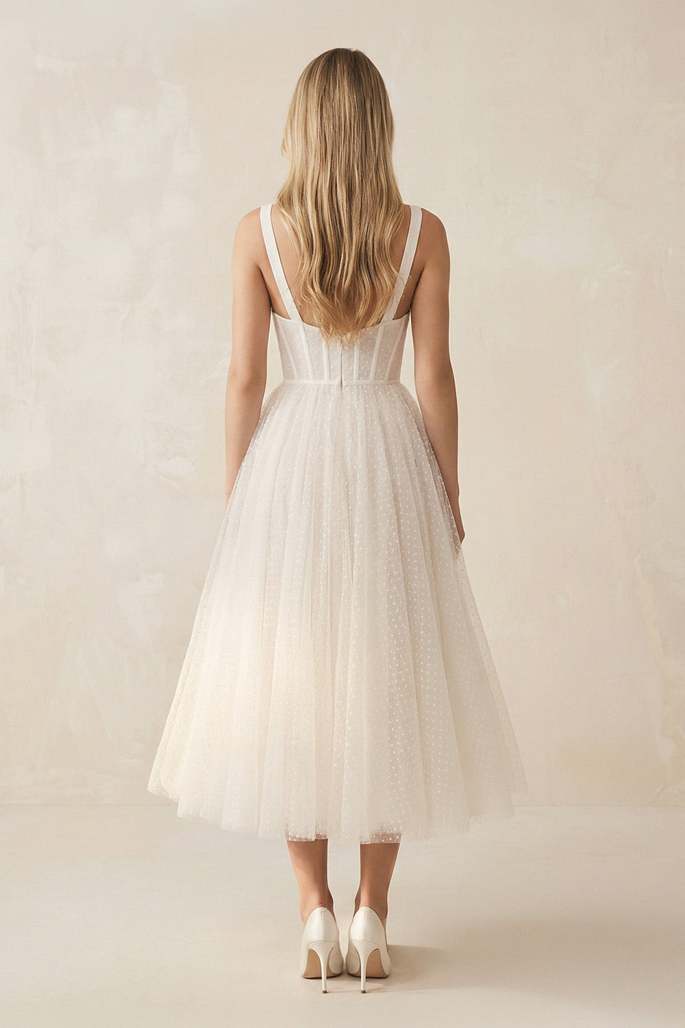 Sweetheart Polka Dot Tulle A - Line Corset Midi Wedding Dress in Ivory - SHE IS ME Wedding Dresses