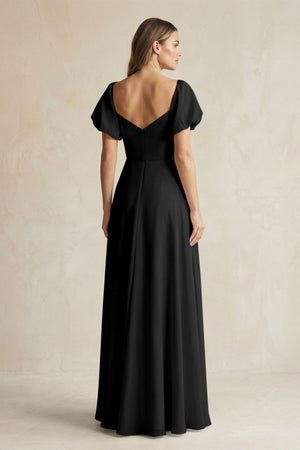 Sweetheart Puff Sleeve A - Line Chiffon Bridesmaid Dress in Black - SHE IS ME Bridesmaid Dresses