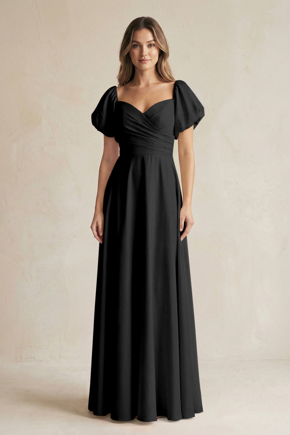 Sweetheart Puff Sleeve A - Line Chiffon Bridesmaid Dress in Black - SHE IS ME Bridesmaid Dresses