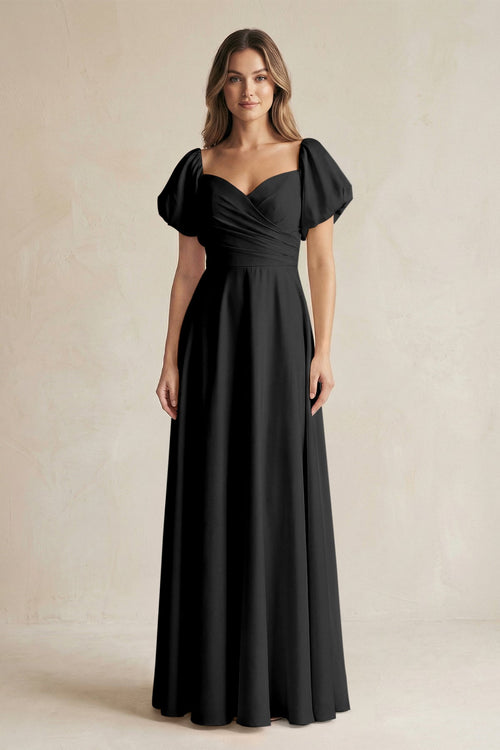Sweetheart Puff Sleeve A - Line Chiffon Bridesmaid Dress in Black - SHE IS ME Bridesmaid Dresses