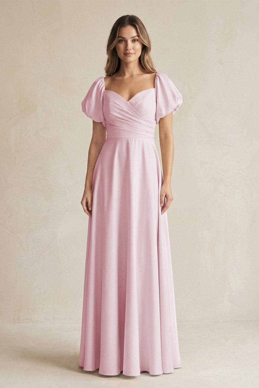 Sweetheart Puff Sleeve A - Line Chiffon Bridesmaid Dress in Candy Pink - SHE IS ME Bridesmaid Dresses