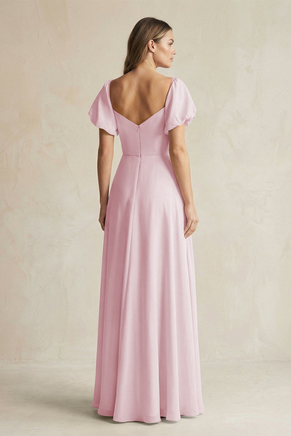 Sweetheart Puff Sleeve A - Line Chiffon Bridesmaid Dress in Candy Pink - SHE IS ME Bridesmaid Dresses