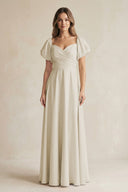 Sweetheart Puff Sleeve A - Line Chiffon Bridesmaid Dress in Dove Gray - SHE IS ME Bridesmaid Dresses