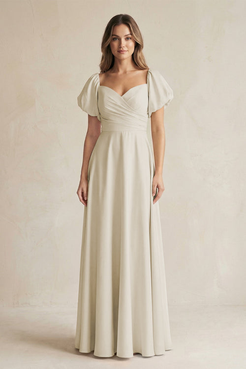 Sweetheart Puff Sleeve A - Line Chiffon Bridesmaid Dress in Dove Gray - SHE IS ME Bridesmaid Dresses
