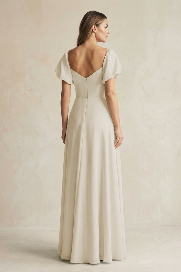 Sweetheart Puff Sleeve A - Line Chiffon Bridesmaid Dress in Dove Gray - SHE IS ME Bridesmaid Dresses