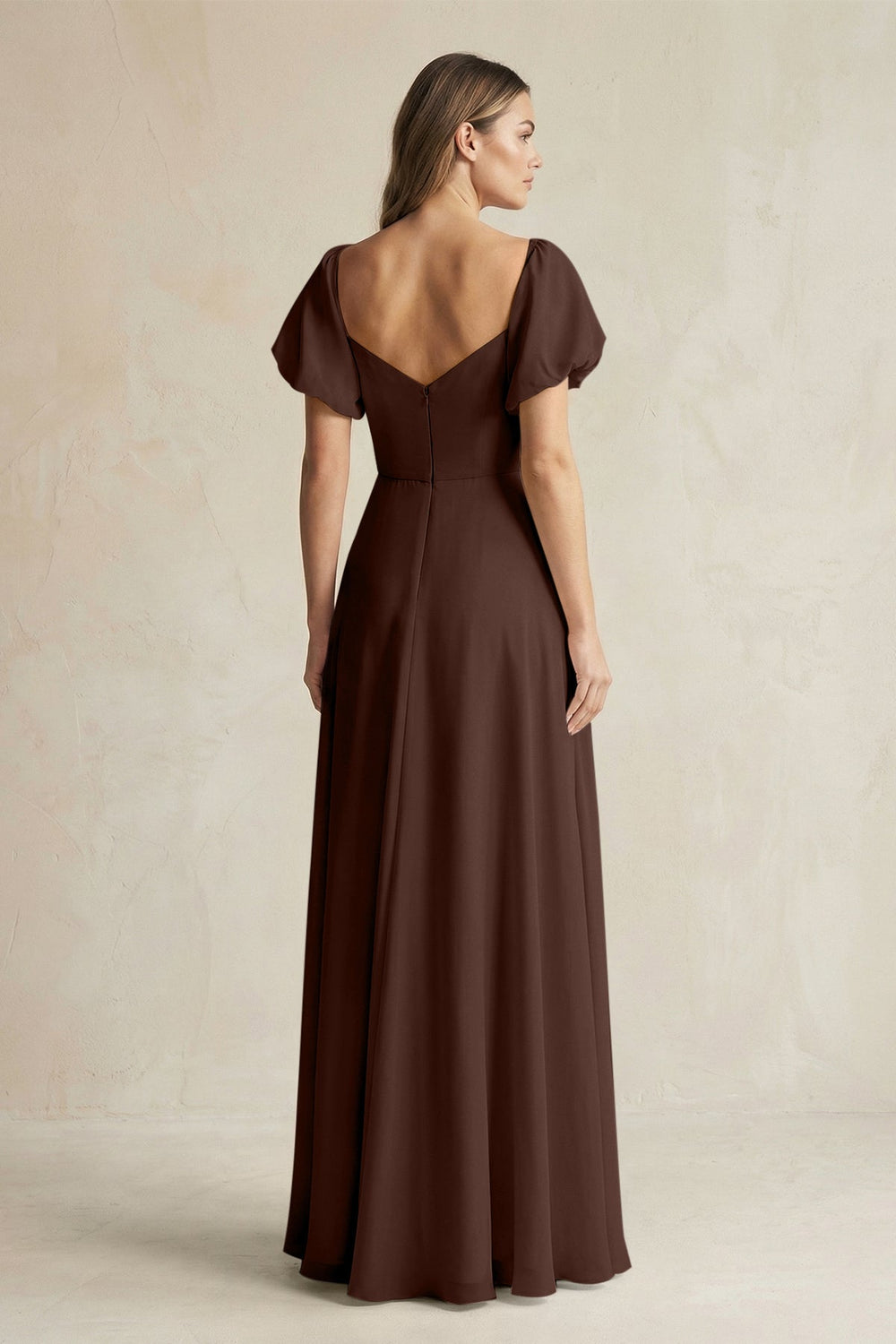 Sweetheart Puff Sleeve A - Line Chiffon Bridesmaid Dress in Espresso - SHE IS ME Bridesmaid Dresses