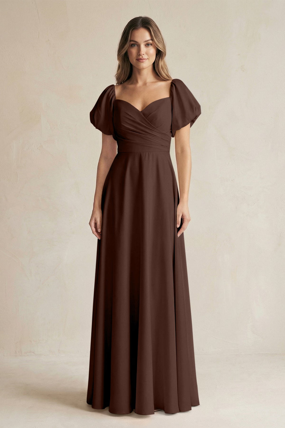Sweetheart Puff Sleeve A - Line Chiffon Bridesmaid Dress in Espresso - SHE IS ME Bridesmaid Dresses