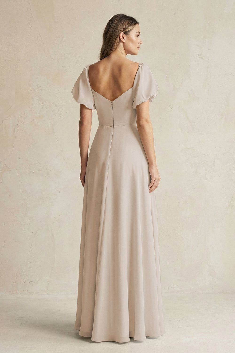 Sweetheart Puff Sleeve A - Line Chiffon Bridesmaid Dress in Frost - SHE IS ME Bridesmaid Dresses