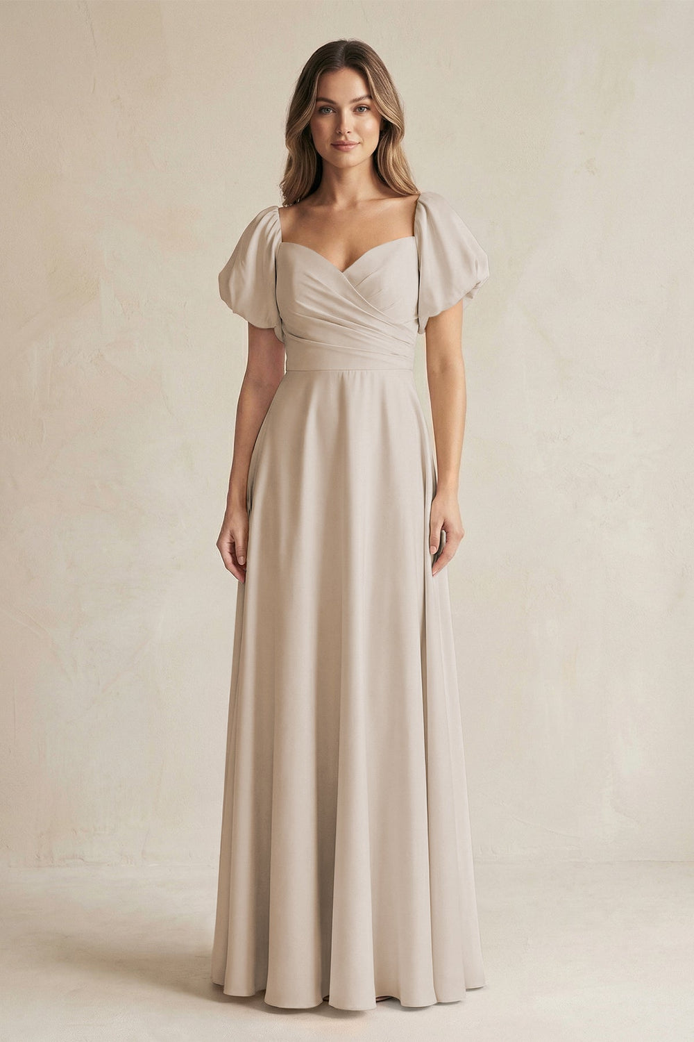 Sweetheart Puff Sleeve A - Line Chiffon Bridesmaid Dress in Frost - SHE IS ME Bridesmaid Dresses