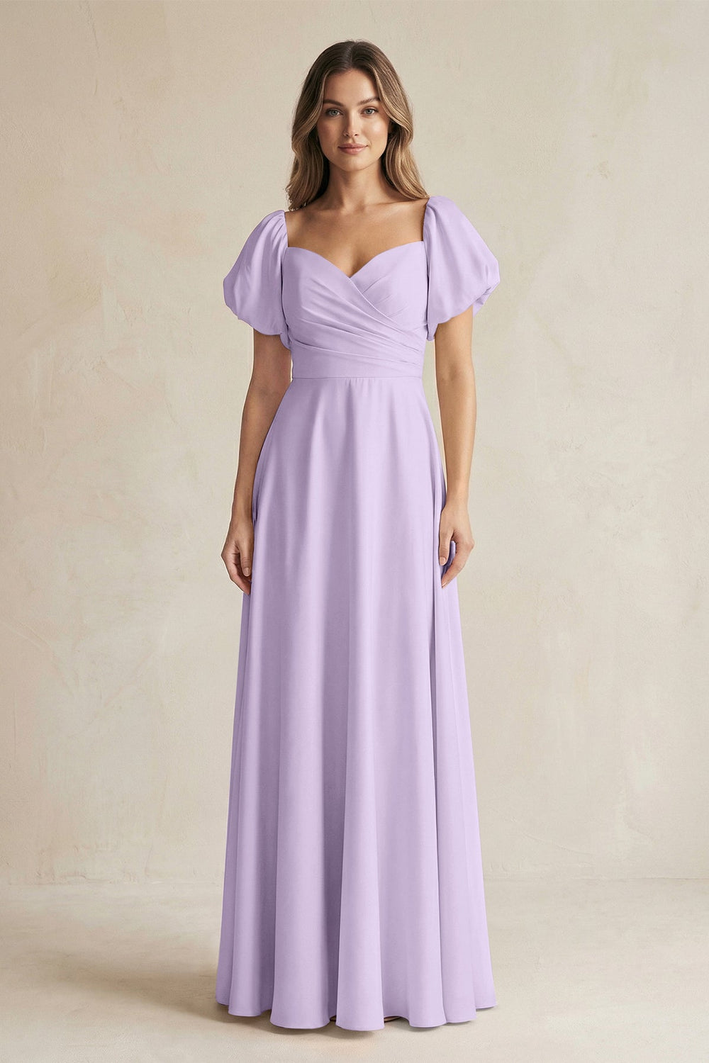 Sweetheart Puff Sleeve A - Line Chiffon Bridesmaid Dress in Lavender - SHE IS ME Bridesmaid Dresses