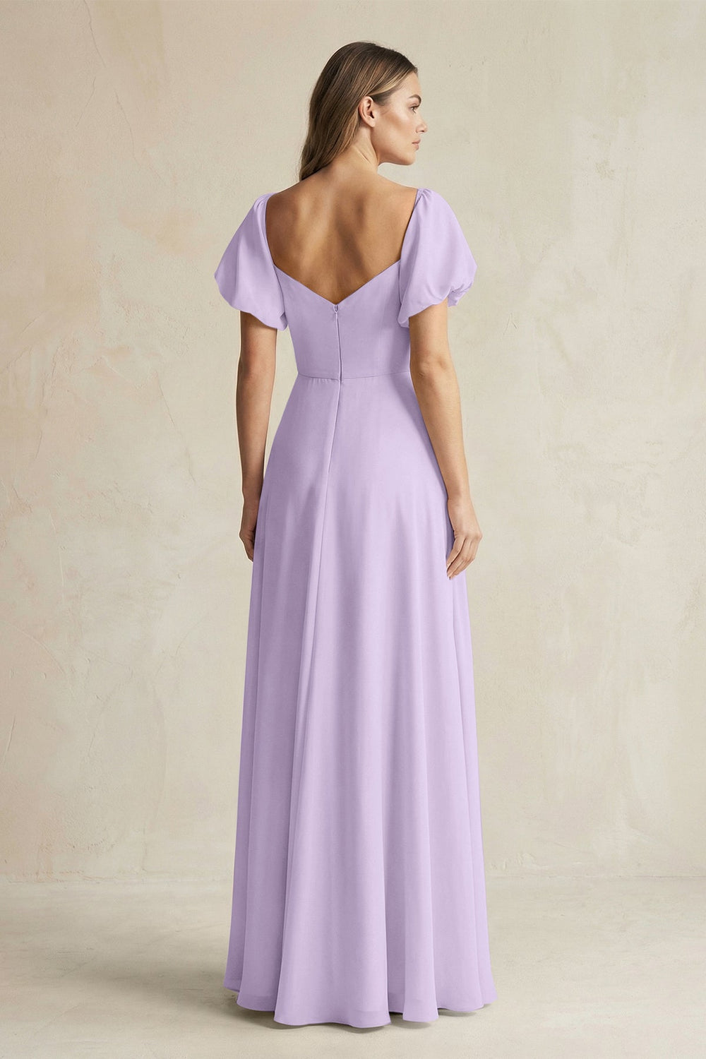 Sweetheart Puff Sleeve A - Line Chiffon Bridesmaid Dress in Lavender - SHE IS ME Bridesmaid Dresses