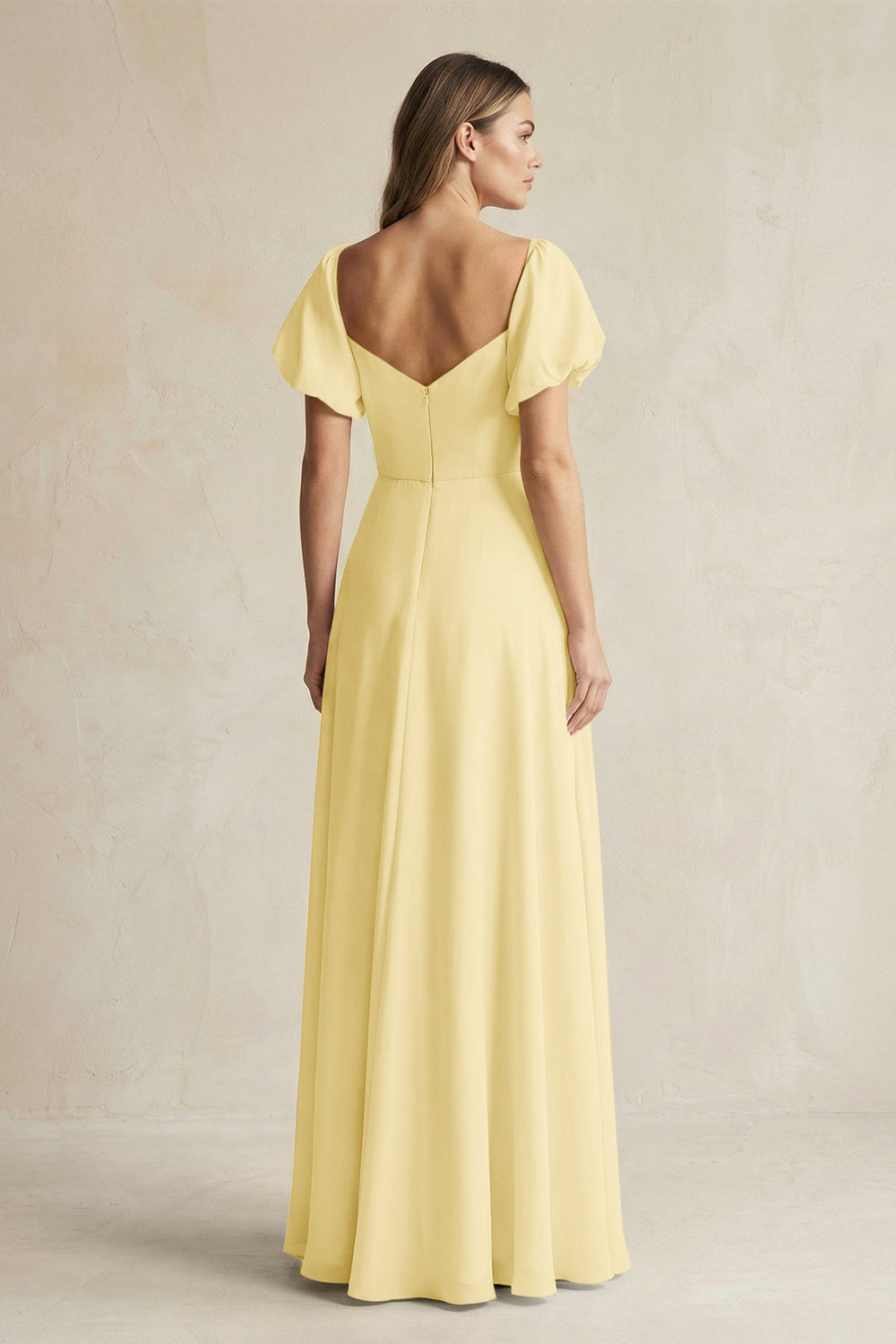 Sweetheart Puff Sleeve A - Line Chiffon Bridesmaid Dress in Pastel Yellow - SHE IS ME Bridesmaid Dresses