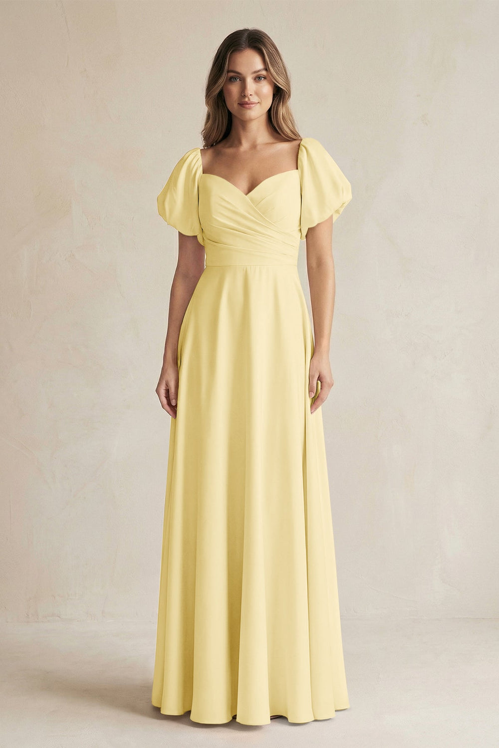 Sweetheart Puff Sleeve A - Line Chiffon Bridesmaid Dress in Pastel Yellow - SHE IS ME Bridesmaid Dresses