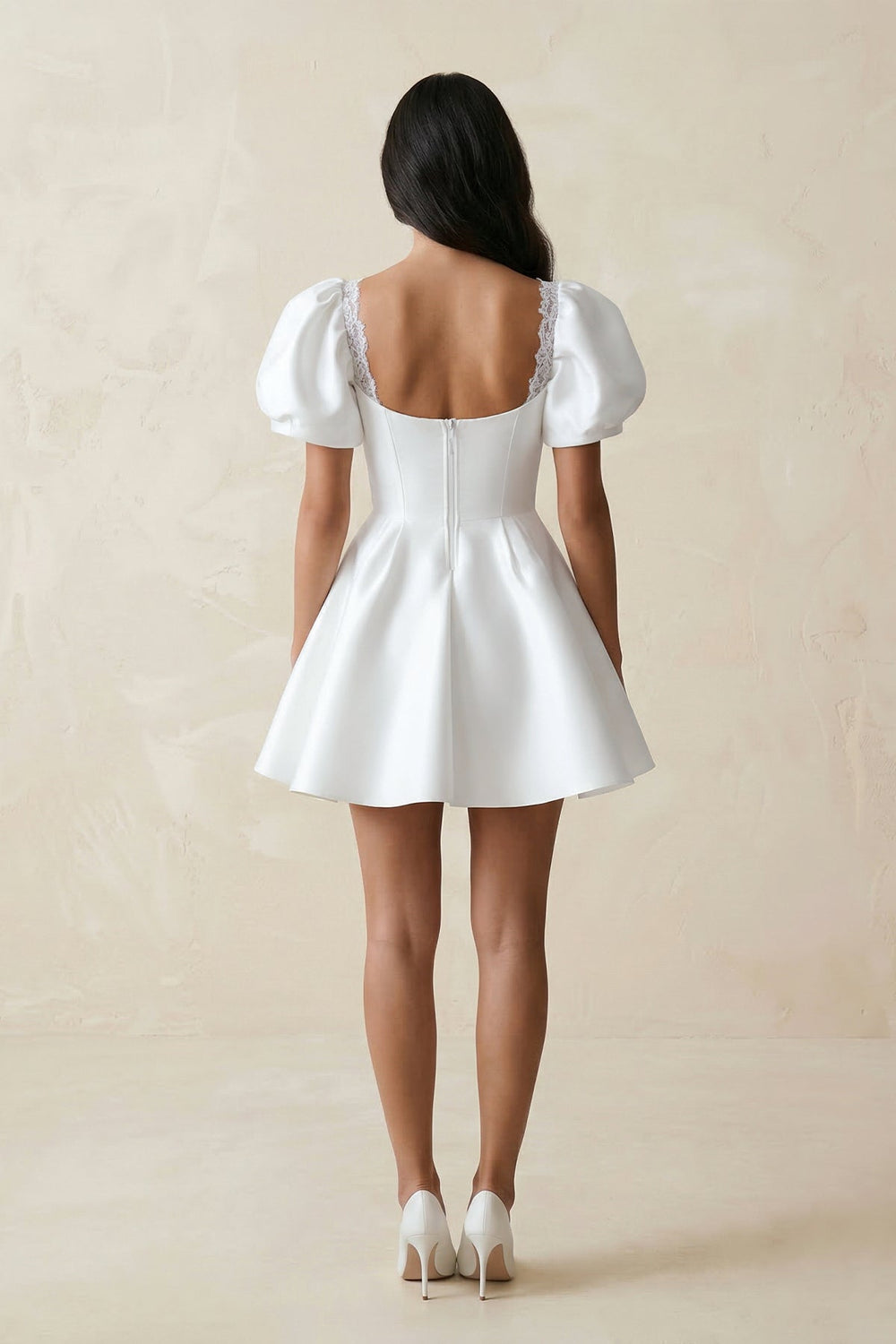 Sweetheart Puff Sleeves Satin A - Line Wedding Dress in White - SHE IS ME Wedding Dresses