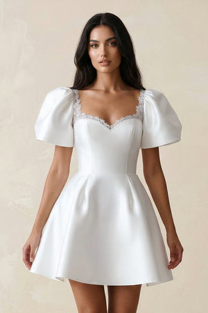 Sweetheart Puff Sleeves Satin A - Line Wedding Dress in White - SHE IS ME Wedding Dresses