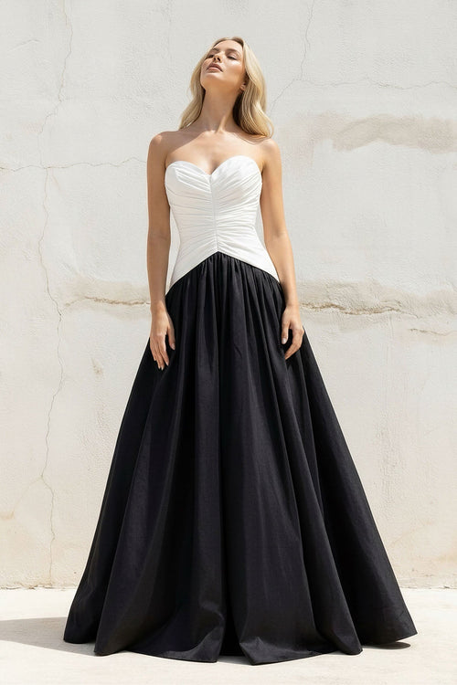 Sweetheart Ruched Gown in Black and White - SHE IS ME
