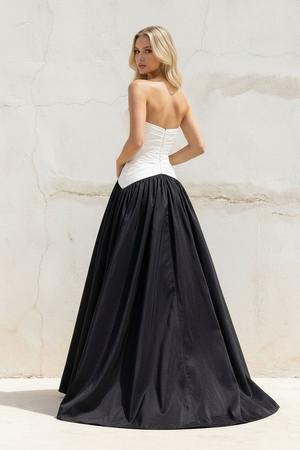 Sweetheart Ruched Gown in Black and White - SHE IS ME