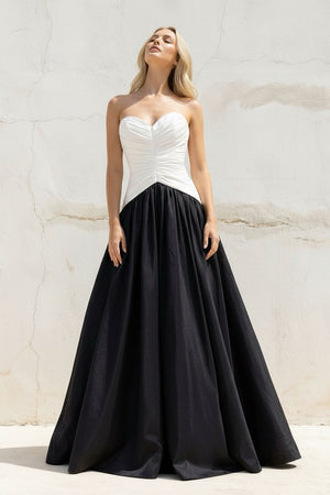 Sheisme-Black White Taffeta Sweetheart A-Line Maxi Evening Formal Dress