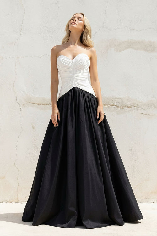 Sheisme-Black White Taffeta Sweetheart A-Line Maxi Evening Formal Dress