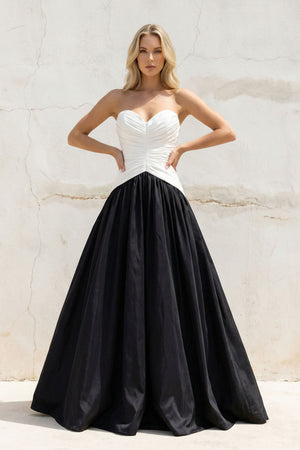 Sheisme-Black White Taffeta Sweetheart A-Line Maxi Evening Formal Dress