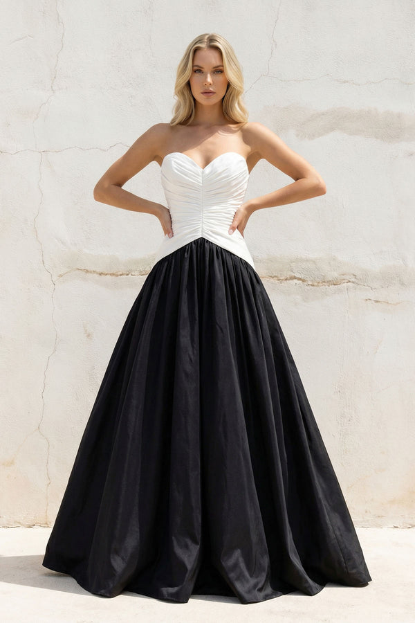 Sheisme-Black White Taffeta Sweetheart A-Line Maxi Evening Formal Dress