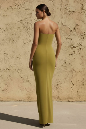 Sweetheart Ruched Wrap Maxi Dress in Olive - SHE IS ME PROM DRESSES
